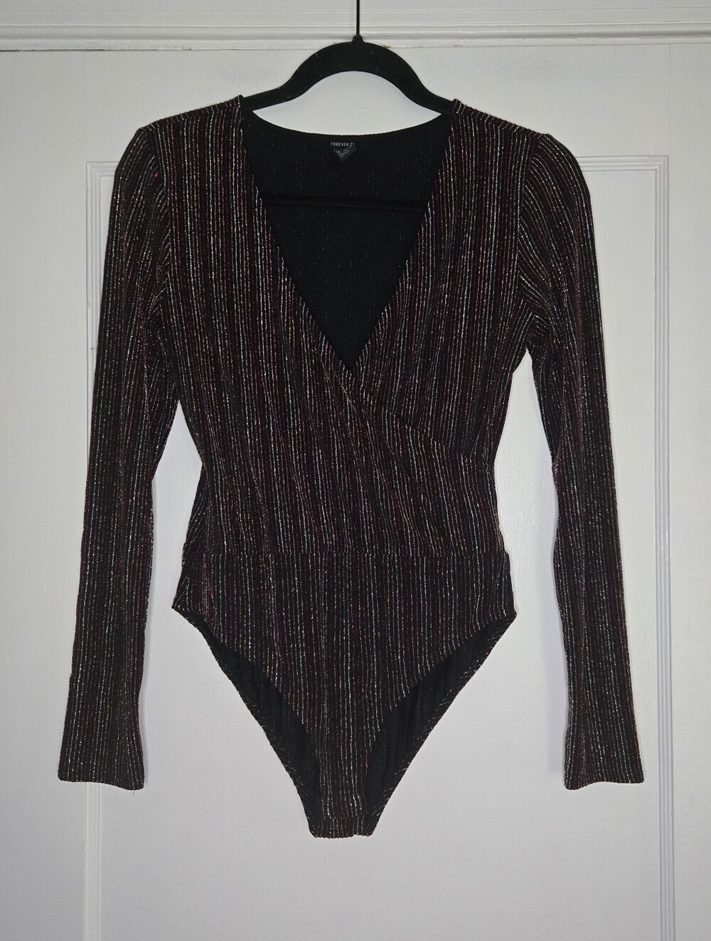Forever 21 Black Metallic Striped Wrap Bodysuit Womens Y2K Party Top